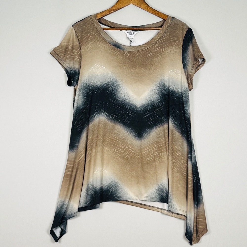 Keren Hart Tunic Women XL Tan Black Chevron Ombre Excellent Sharkbite Hem Top